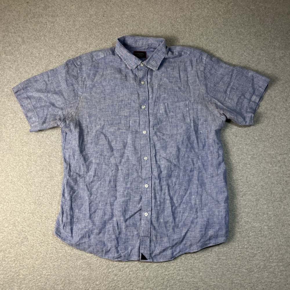 Untuckit Shirt Mens Large Blue Button Up 100% Linen Wrinkle Resistant Short Slee
